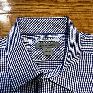 Johnston Murphy Shirt Mens XL Blue White Plaid Check Button Front Tailored Fit